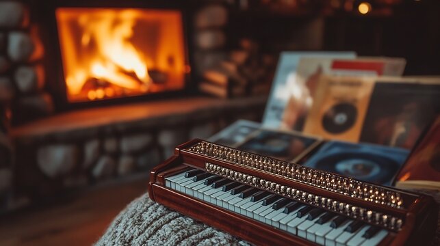 Harmonium Keyboard in Cozy Living Room by Fireplace