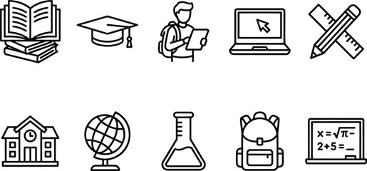 Education and school icon set with books graduation cap student laptop ruler globe and blackboard vector illustration. © ARNIKA ISLAM