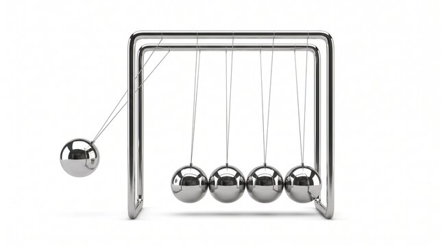 Modern metal Newtons cradle in motion on white background