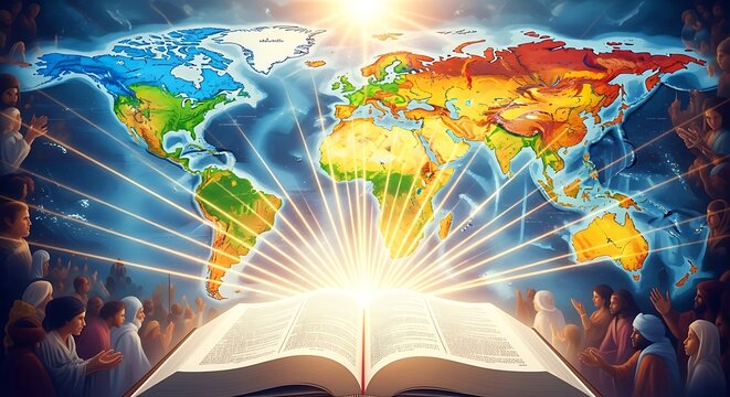 A vibrant illustration of a radiant open book surrounded by a diverse crowd with a colorful world map in the background