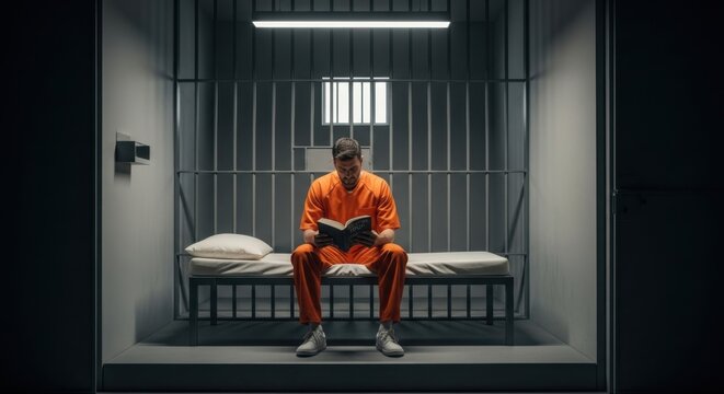 A prisoner in an orange jumpsuit sitting on a bed in a jail cell reading a book