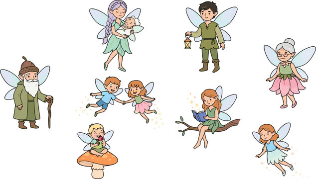 Cute Fairy Character Vector Icon Set Featuring Magical Pixies Elves and Winged Fairies of All Ages for Fantasy Storybooks and Children Birthday Designs