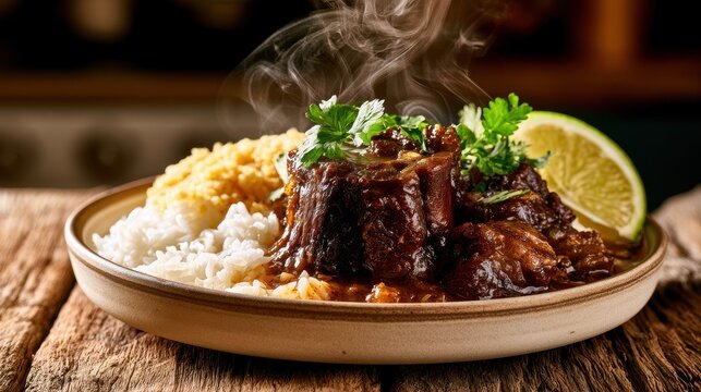 Brazilian oxtail dish: tender meat in rich brown sauce with cilantro garnish