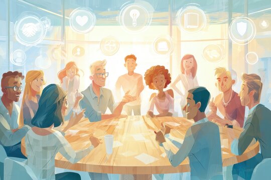 Ilustraci&Atilde;&sup3;n de valores humanos: cooperaci&Atilde;&sup3;n, integridad y respeto en equipo