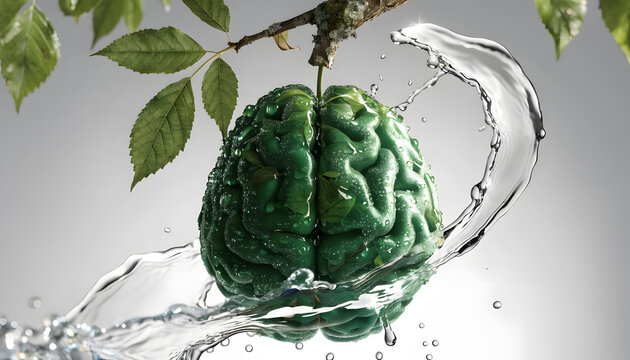 Human brain anatomy with water splash effect. Mental health and cognitive hydration concept. Green brain model being cleansed by refreshing water droplets from tree branches