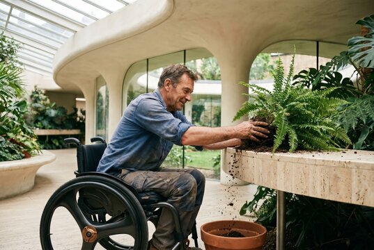 Man in modern wheelchair tending plants at elevated planting table in green atrium, accessible gardening future