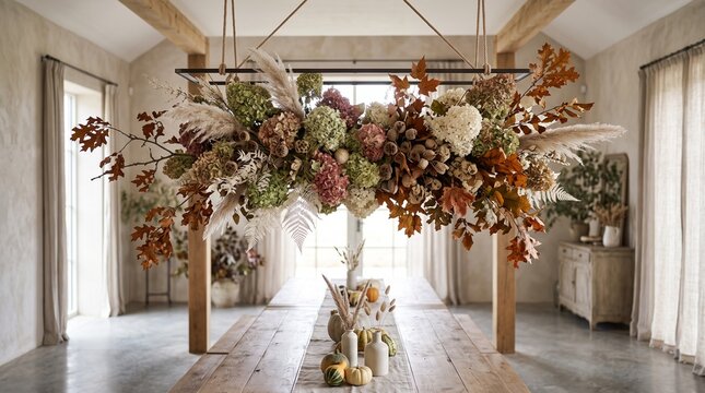 Designer Thanksgiving Floral Installation with Dried Botanicals and Autumn Foliage