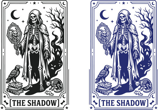 Halloween tarot card the shadow archetype illustration with grim reaper raven and occult symbols