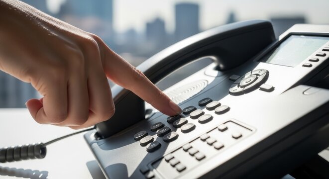 Closeup of a hand dialing a number on a modern office desk phone