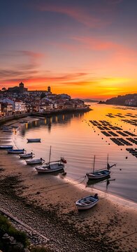 Serene coastal town at sunset with boats on calm waters
