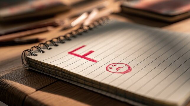 Close-up of a spiral notebook page showing an F grade and a sad smiley drawn in red ink