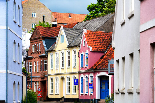 Colorful historic residential houses in the old town of Sonderborg, Denmark