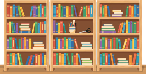 Wooden Bookshelves Filled with Colorful Books and Office Stationery for Library School University and Home Interior Design Concepts Vector Illustration © Rafika