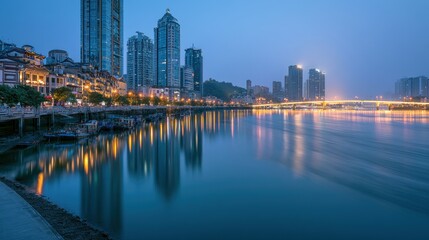 Naklejka premium Fuzhou City Skyline at Dusk: Modern Glass Towers Reflected on the Min River