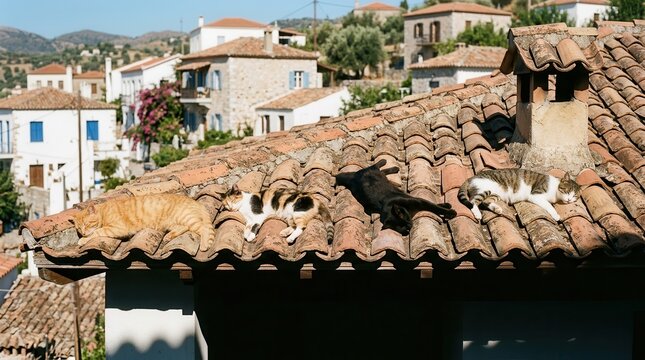 Four Cats Sleeping Peacefully on a Sun-Drenched Terracotta Rooftop in a Quaint Mediterranean Village Setting