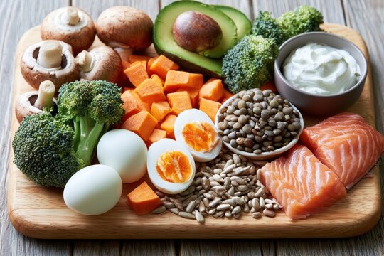 Colorful spread of pantothenic acid rich foods highlighting vitamin B5 sources on a rustic wooden board
