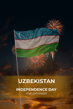 Evening sky and fireworks waving National flags of Uzbekistan