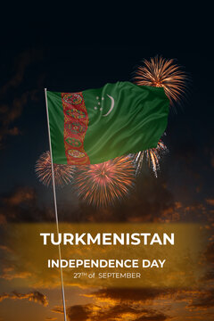 Evening sky and fireworks waving National flags Turkmenistan