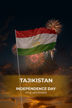 Evening sky and fireworks waving National flags of Tajikistan