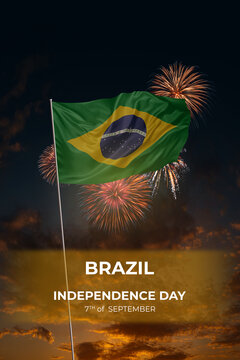 Evening sky and fireworks waving National flags of Brazil