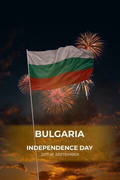 Evening sky and fireworks waving National flags of Bulgaria