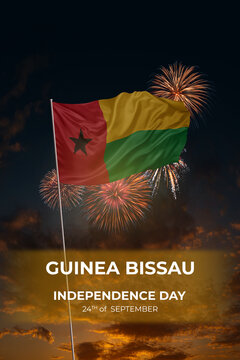 Evening sky and fireworks waving National flags Guinea Bissau