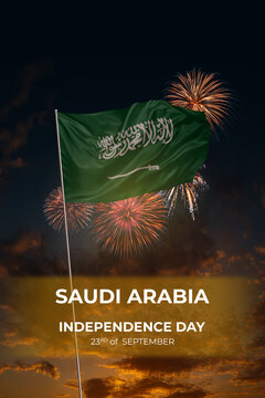 Evening sky and fireworks waving National flags Saudi Arabia