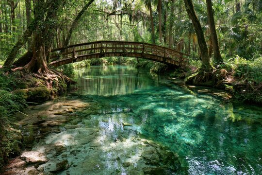 Turquoise spring oasis at Juniper Springs with a wooden bridge in Ocala National Forest, Florida