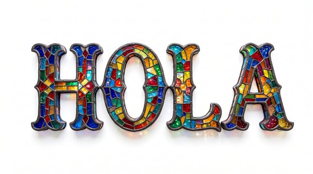 Decorative stained glass style lettering spelling hola