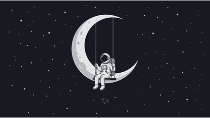 Vector illustration of an astronaut sitting on a swing hanging from a crescent moon in starry outer space with earth in the background © Iqbal