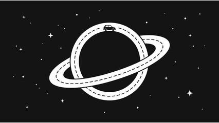 Minimalist vector illustration of a planet and rings designed as highways with a car driving in starry outer space © Iqbal
