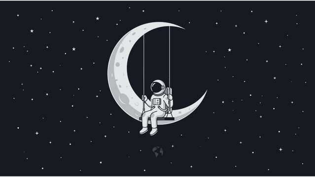 Vector illustration of an astronaut sitting on a swing hanging from a crescent moon in starry outer space with earth in the background