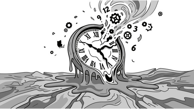 Surreal melting pocket watch vector illustration with gears and numbers dissolving on cracked ground
