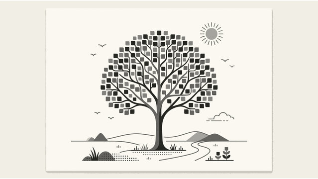Minimalist vector illustration of a tree with square leaves in a landscape with sun and birds for environmental design