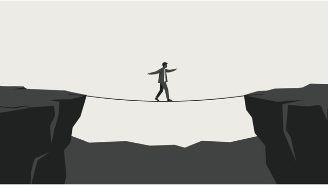 Businessman walking on tightrope between two cliffs vector illustration for risk management and business challenge