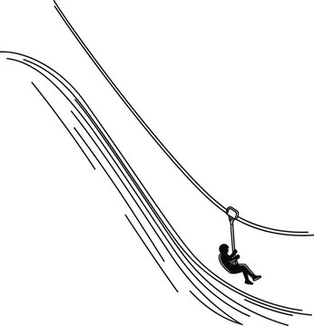 A person riding a fast zip line adventure activity with speed motion lines in a simple black and white line drawing