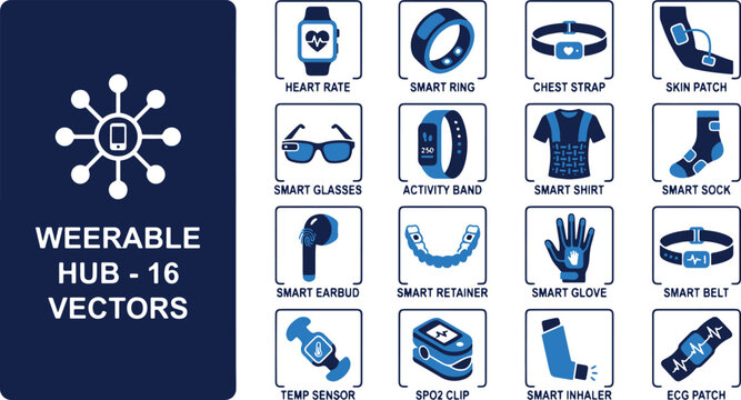 Smart wearable technology icons for health sensors fitness trackers and medical monitoring devices used in digital wellness and modern life
