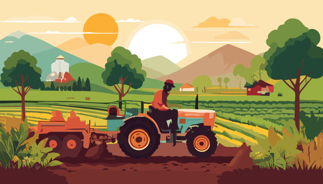 Countryside Agriculture Farm Tractor Field Valley Landscape Poster Banner
