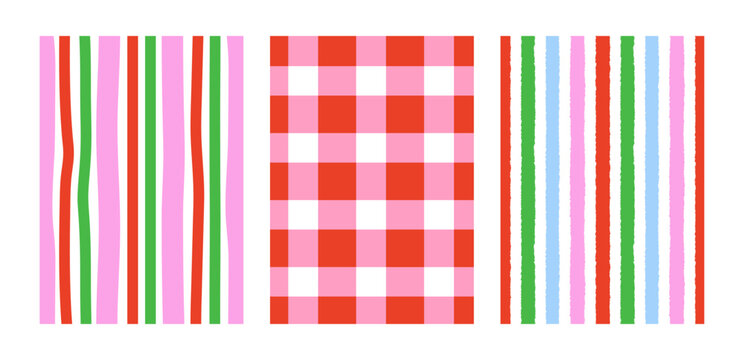 Set of abstract vector vertical backgrounds. Checkered and striped templates for posters, greeting cards and invitations. Groovy retro dopamine style