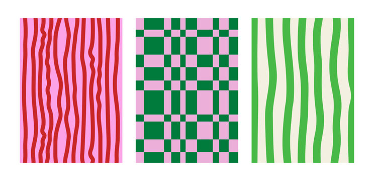 Set of abstract vector vertical backgrounds. Checkered and striped templates for posters, greeting cards and invitations. Groovy retro dopamine style