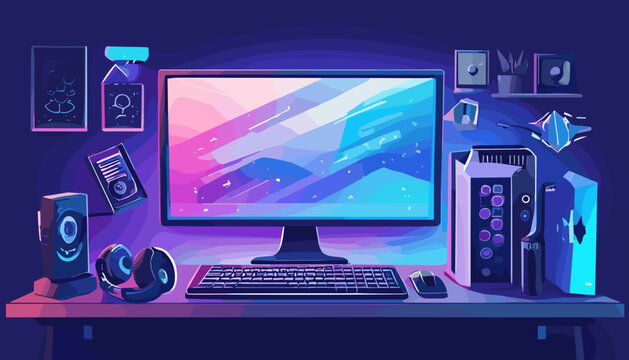 Modern Neon Gaming Computer Desktop Monitor Room Workspace Scene 