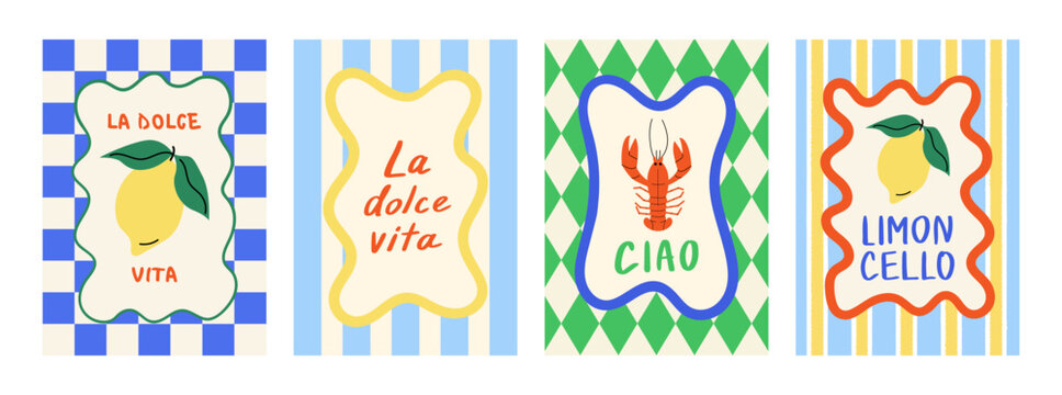 Set of italian posters with lemons, lobster and italian lettering. Vector flat illustration. Collection of summer colorful cards with checkered and striped backgrounds