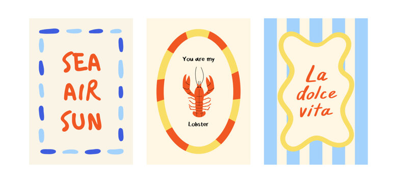 Set of hand drawn vector posters with handwritten quote La dolce vita (means sweet life on Italian), lobster illustration and hand drawn quirky frames. Summer mediterranean greeting cards