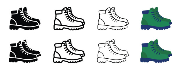 Fototapeta premium Eight pairs of hiking boots in different colors and line art styles for design and illustration various footwear icons
