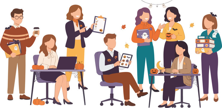 Corporate halloween business team working together in office environment with spooky elements