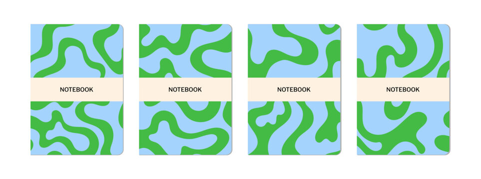 Set of notebook cover templates with abstract organic patterns. Vector flat illustration of modern stationery designs. Liquid wavy shapes