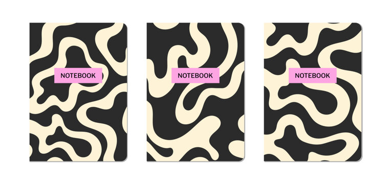 Set of notebook covers with abstract wavy psychedelic prints. Vector flat illustration of dynamic minimalist organic shapes. Modern bohemian stationery design