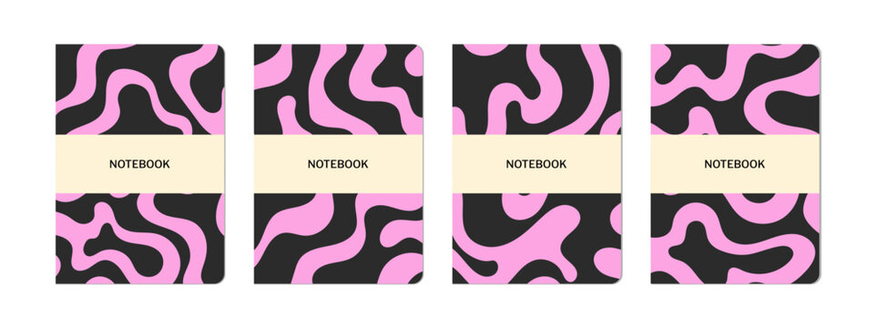 Set of notebook cover templates with abstract organic  wavy shapes. Vector flat illustration of modern stationery designs in y2k aesthetic