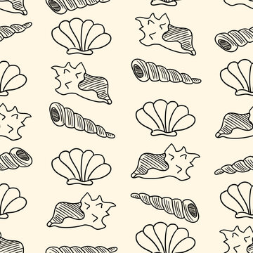 Seamless pattern with hand drawn seashells. Vector line art illustration of scallop and spiral shells. Costal background in vintage style