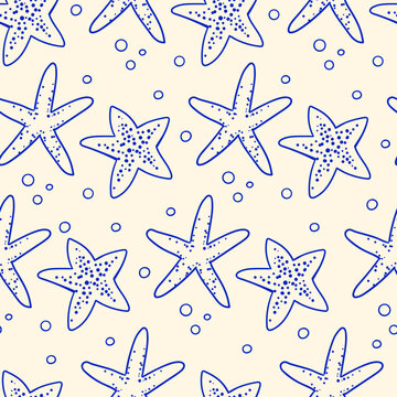 Seamless pattern with hand drawn star shells. Summer marine vector background in vintage sketch style